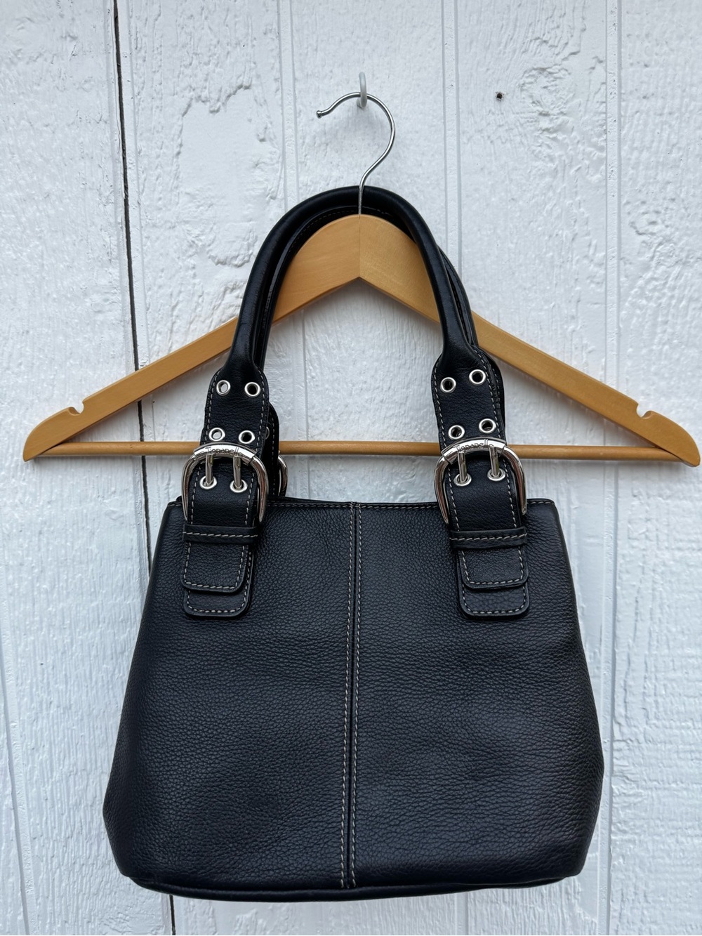 Tignanello Genuine Leather Black Buckle Satchel Shoulder Bag Y2K Silver Hardware